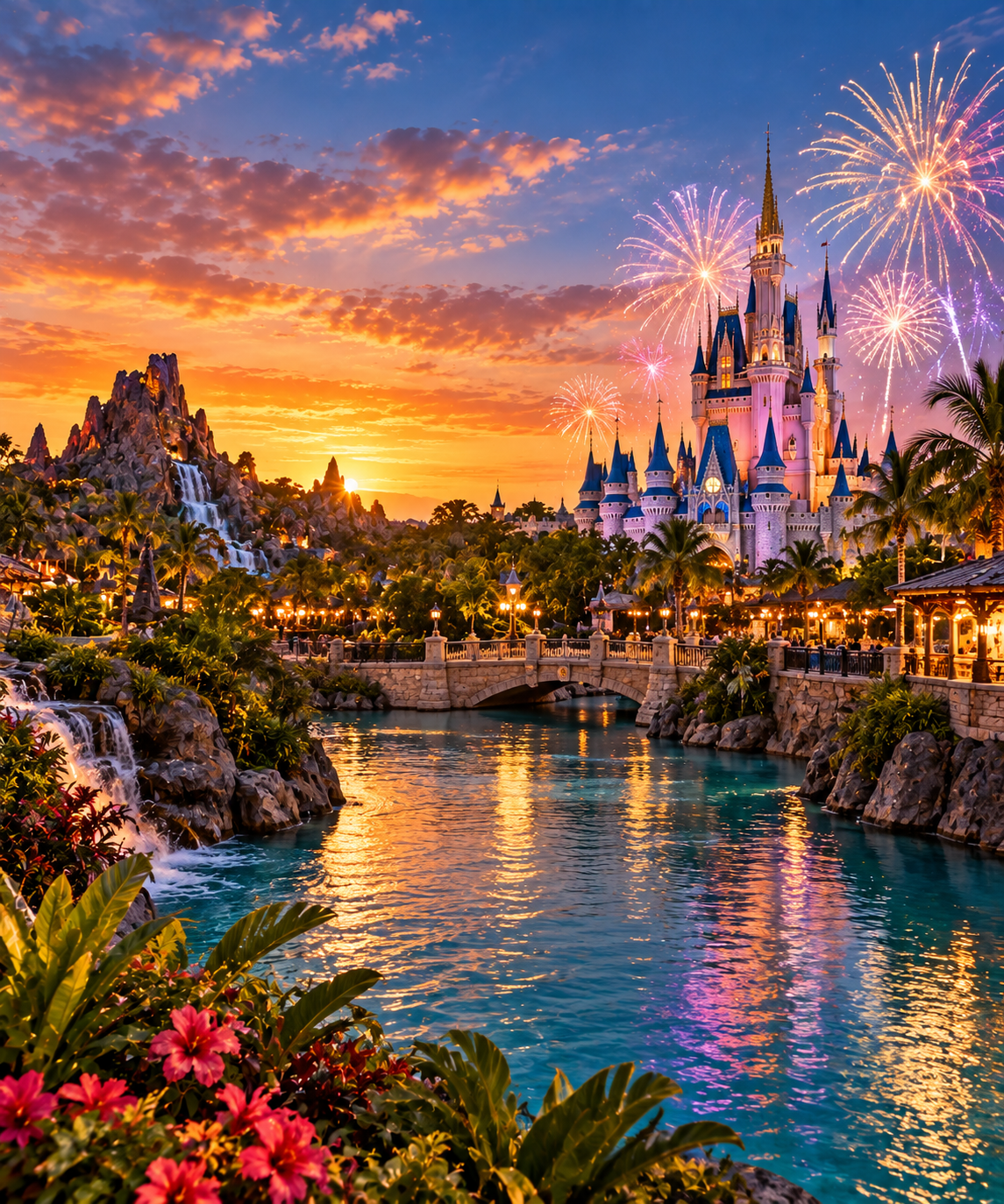 Theme park destination at sunset