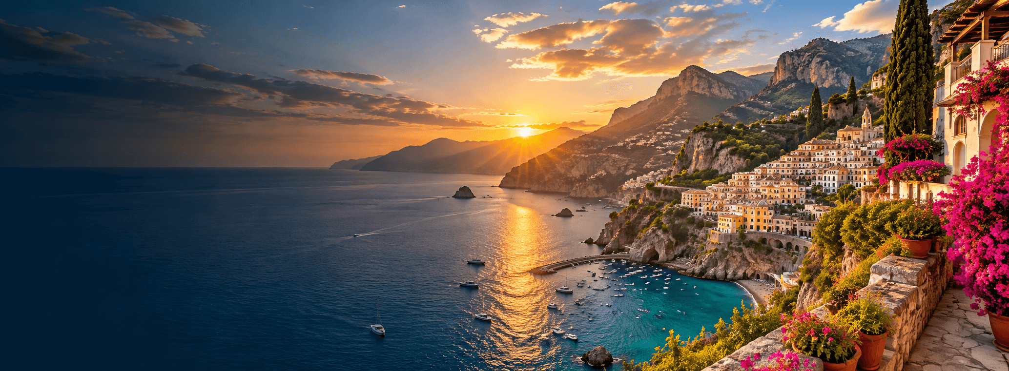 Mediterranean coastline at sunset